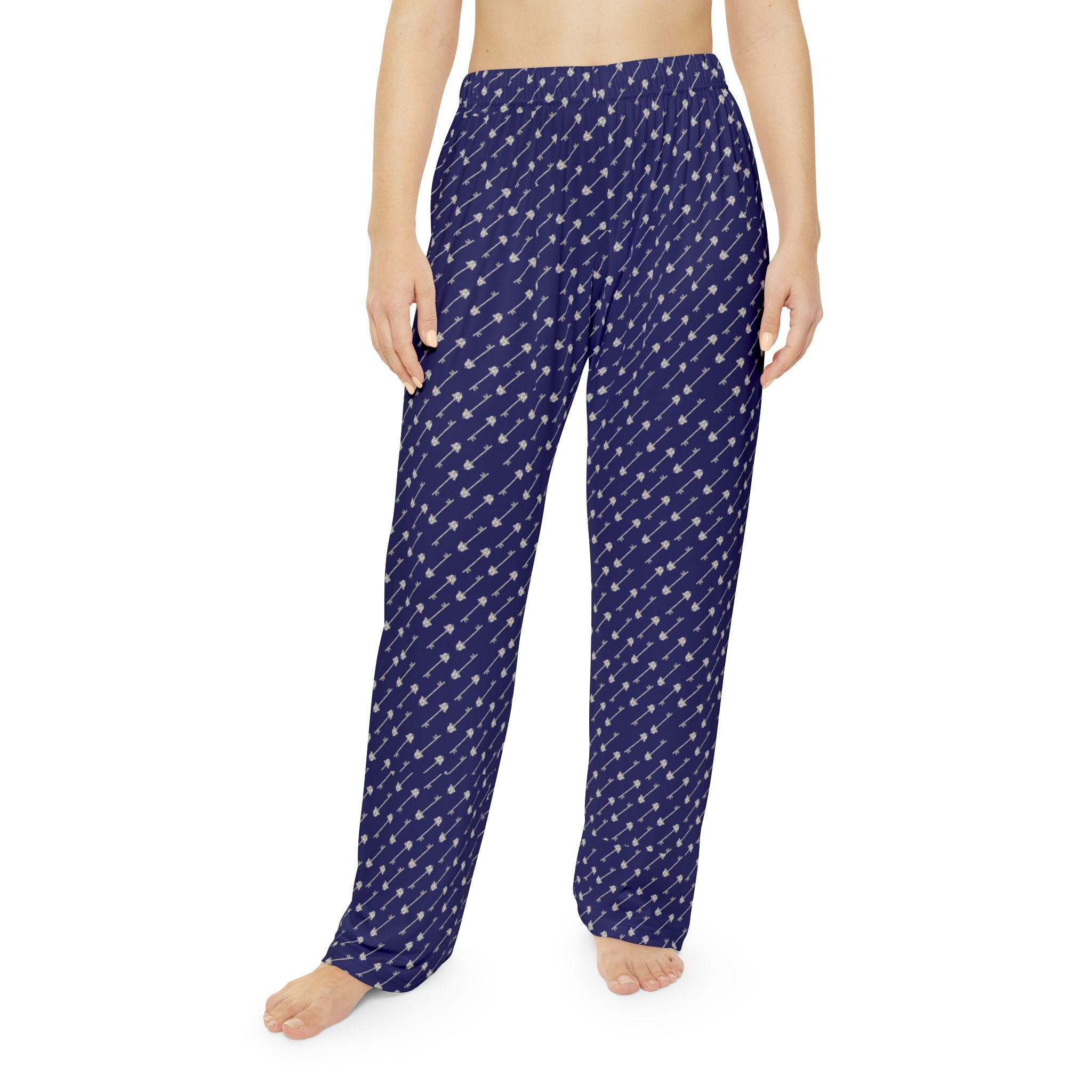 Old Kingdom-Inspired Midnight Blue Pajama Pants — Silver Key Pattern for Cozy Reading Nights