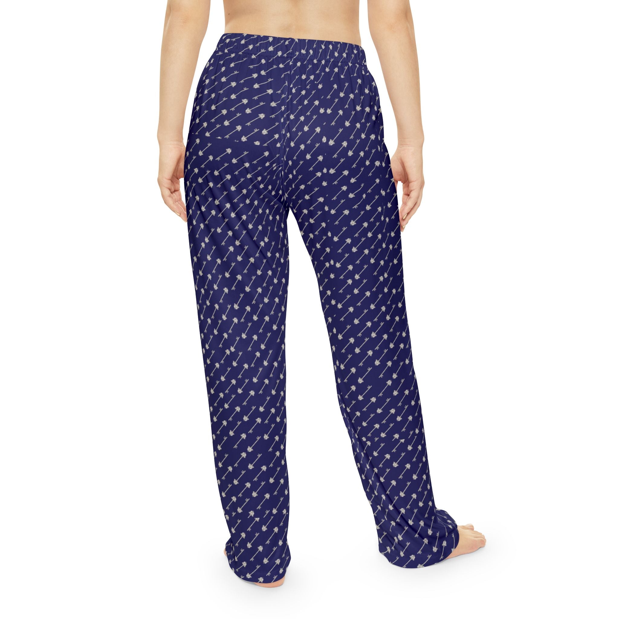 Old Kingdom-Inspired Midnight Blue Pajama Pants — Silver Key Pattern for Cozy Reading Nights